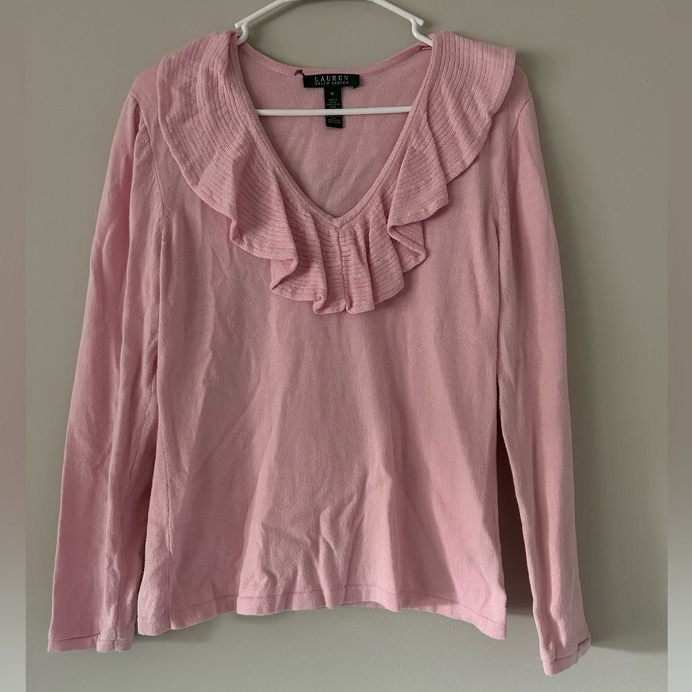 Lauren Ralph Lauren Pink Ruffle Collar Blouse Top Size Medium Preppy Workwear